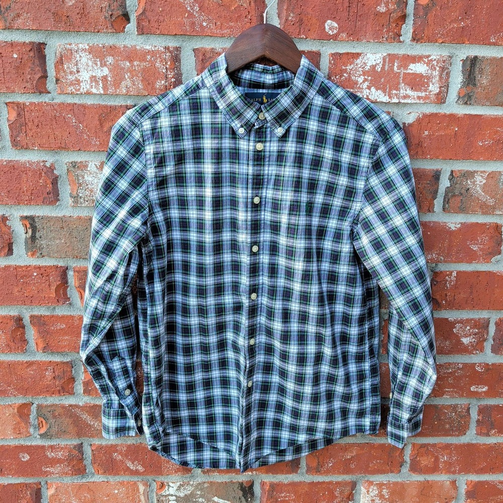 Ralph Lauren Plaid Button Down Shirt Mens L 14-16 Green Navy Blue Long Sleeve